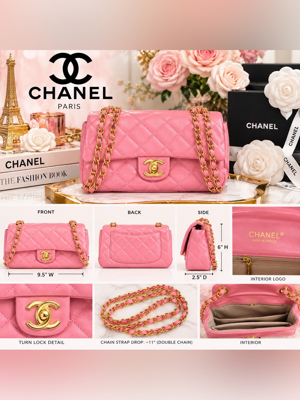 Pink Quilted Shoulder Bag with Gold Chain